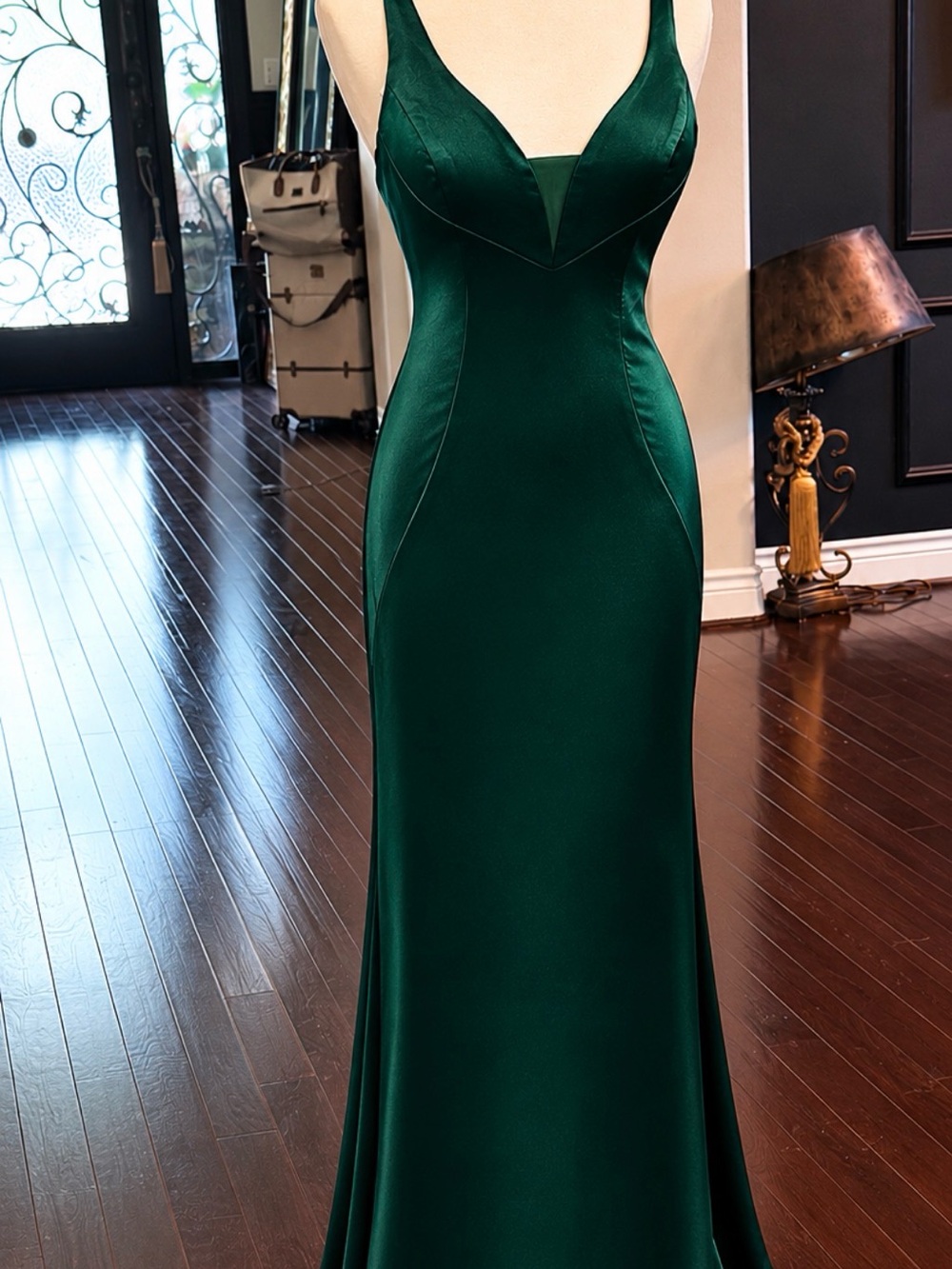 Satin Deep V Emerald Green Prom Gown